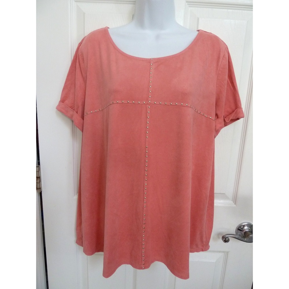 New Directions Women Coral Studded Swing Top Short Cuffed Sleeve Hi-Lo Large